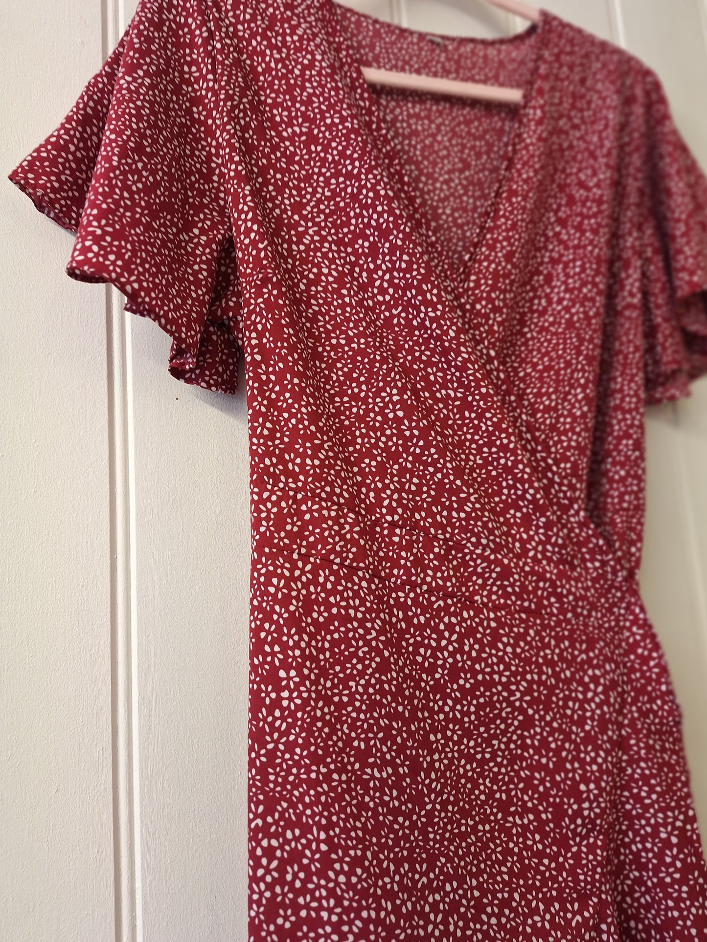 Red & white ditsy print wrap dress S/M