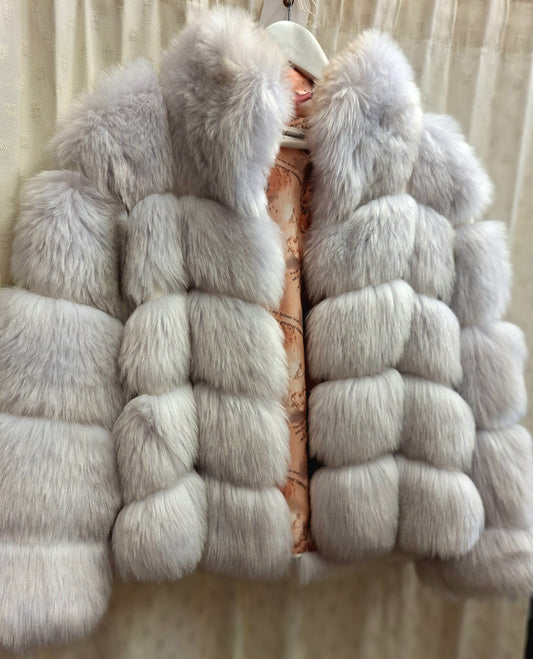 Fashionable silver white PU and faux fur jacket S